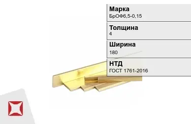 Бронзовая полоса 4х180 мм БрОФ6,5-0,15 ГОСТ 1761-2016 в Павлодаре