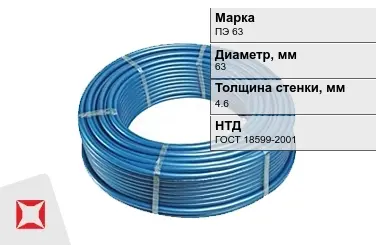 Труба ПНД ПЭ 63 SDR 13,6 63x4,6 мм ГОСТ 18599-2001 в Павлодаре